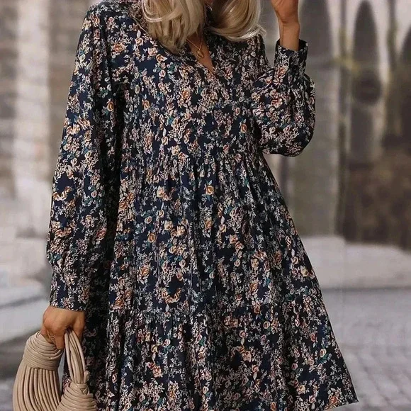 Multicolor Boho Women's Allover Floral Print Bishop Sleeve Ruffle Hem Dress - Picture 3 of 6